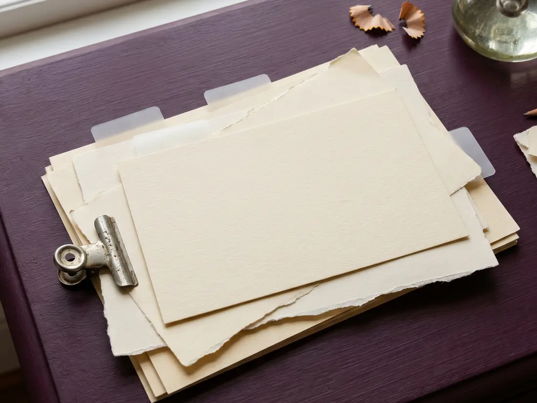 Layered cue cards with clipped paper fragments and no readable text