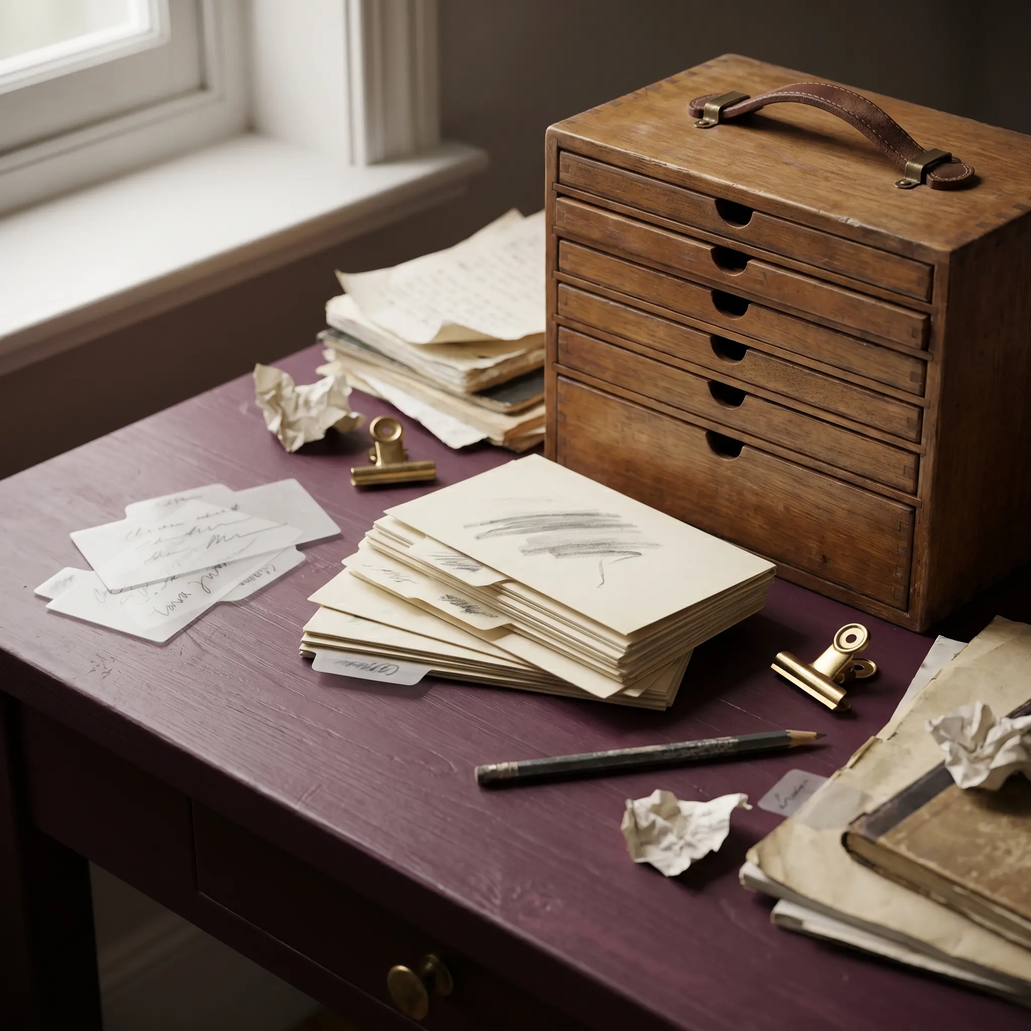 A briefing cabinet with folded cue cards, acetate tabs, and marked paper on a desk