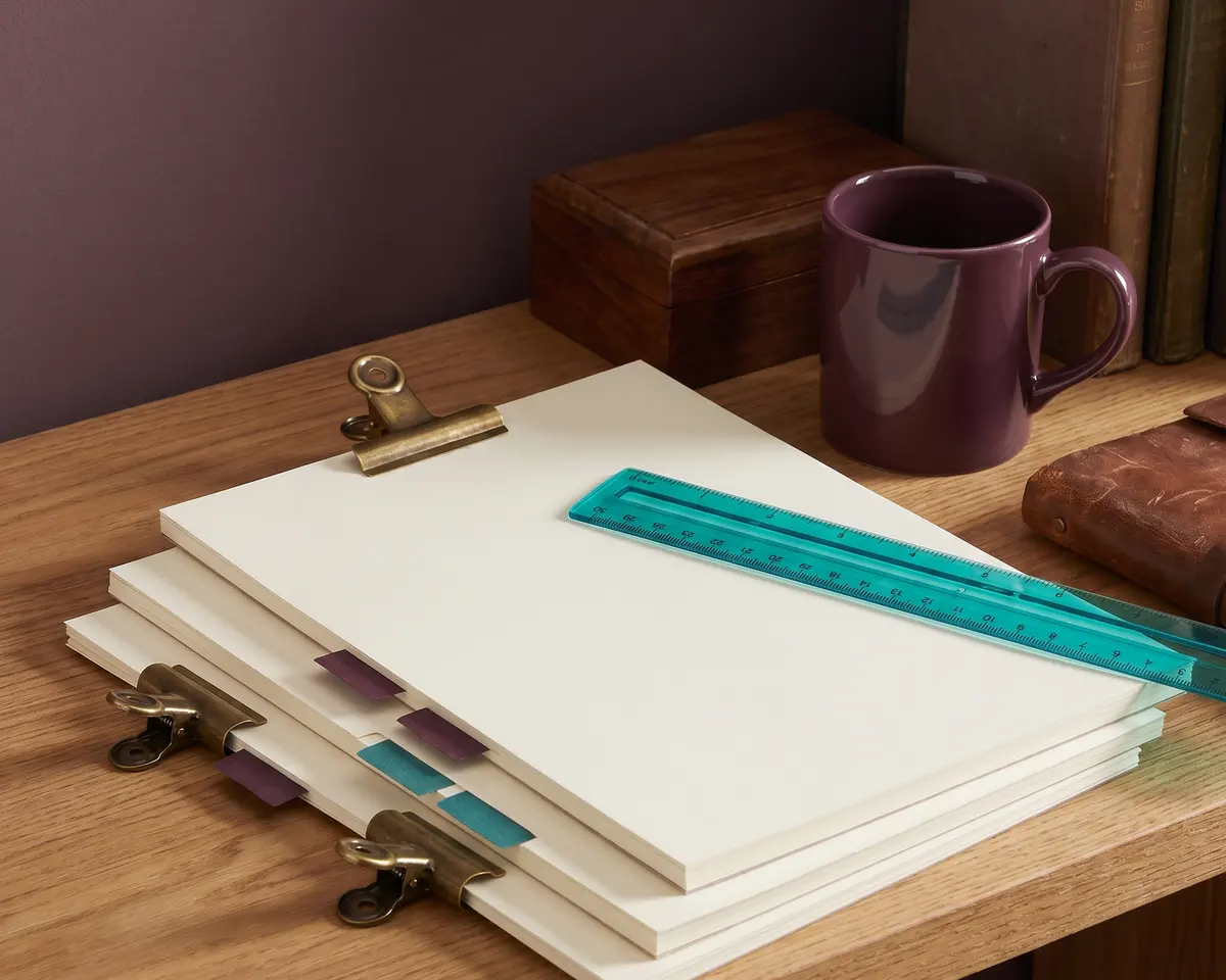 A source ledge with layered paper, clips, colored tabs, and annotated margins